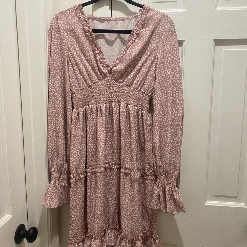 Pink Long Sleeve V-Neck Sundress with Bishop Sleeves